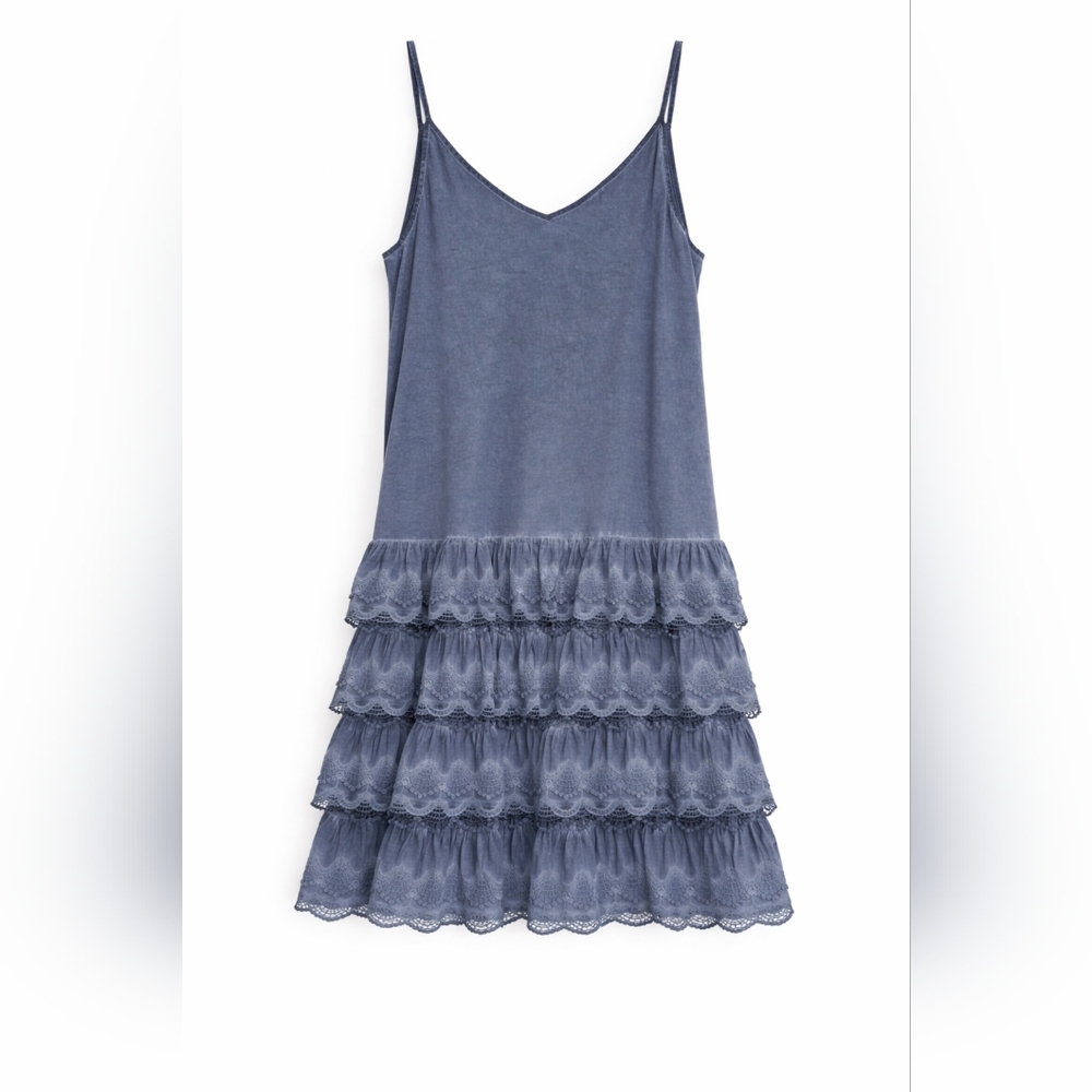 #1482 A Rare Bird Denim Ruffled Slip Dress